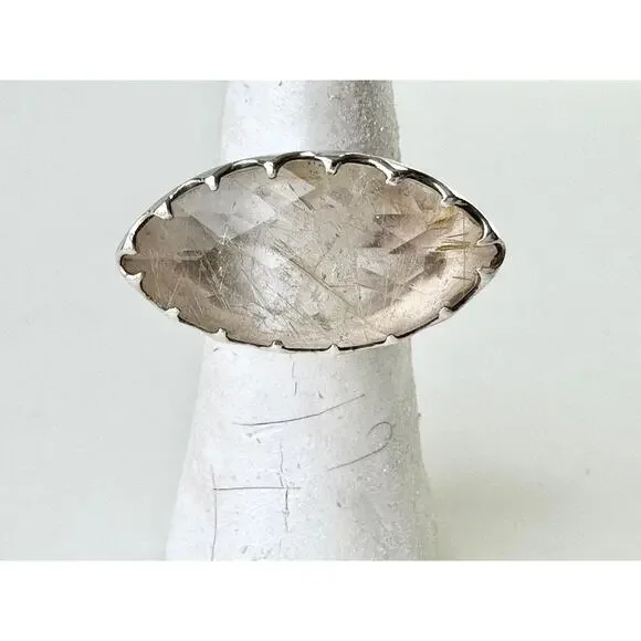 Golden Rutile Quartz Ring Checker Cut Marquis Handmade Fancy Bezel - Picture 4 of 5